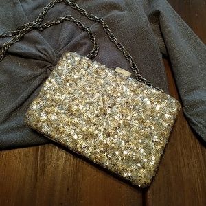 White House Black Market Sequin Box Clutch Handbag, Gold Silver Bronze